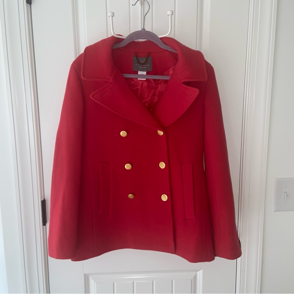 J. Crew Red Pea Coat with Gold Buttons